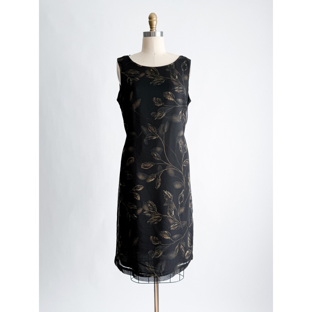 Norton McNaughton Shift Dress Tan Gold Leaf Print M Black Sleeveless Midi